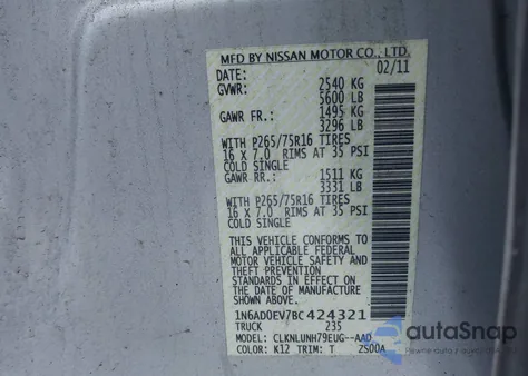 2011 Nissan Frontier Pro-4X z USA, uszkodzony, nr VIN 1N6AD0EV7BC424321